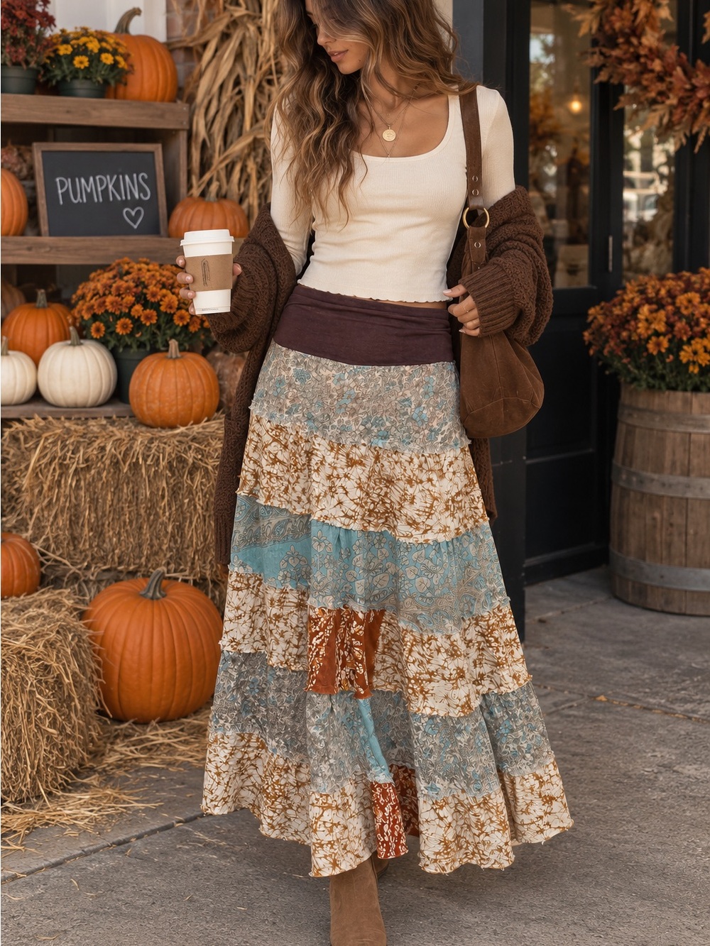Paradise Boho Patchwork Tiered Maxi Skirt M/L Y2K